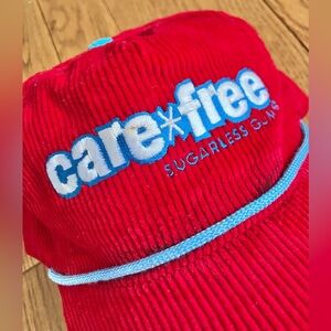 🔥 VINTAGE Corduroy Care-Free Sugarless Gum Red Hat Cap Snapback OS 1980s-90s